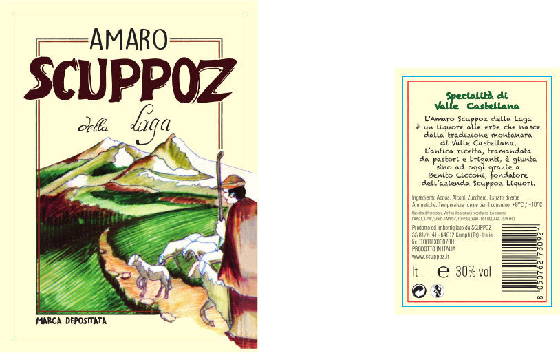 La etiqueta del Amaro Scuppoz, el primer producto: los Monti della Laga y un pastor