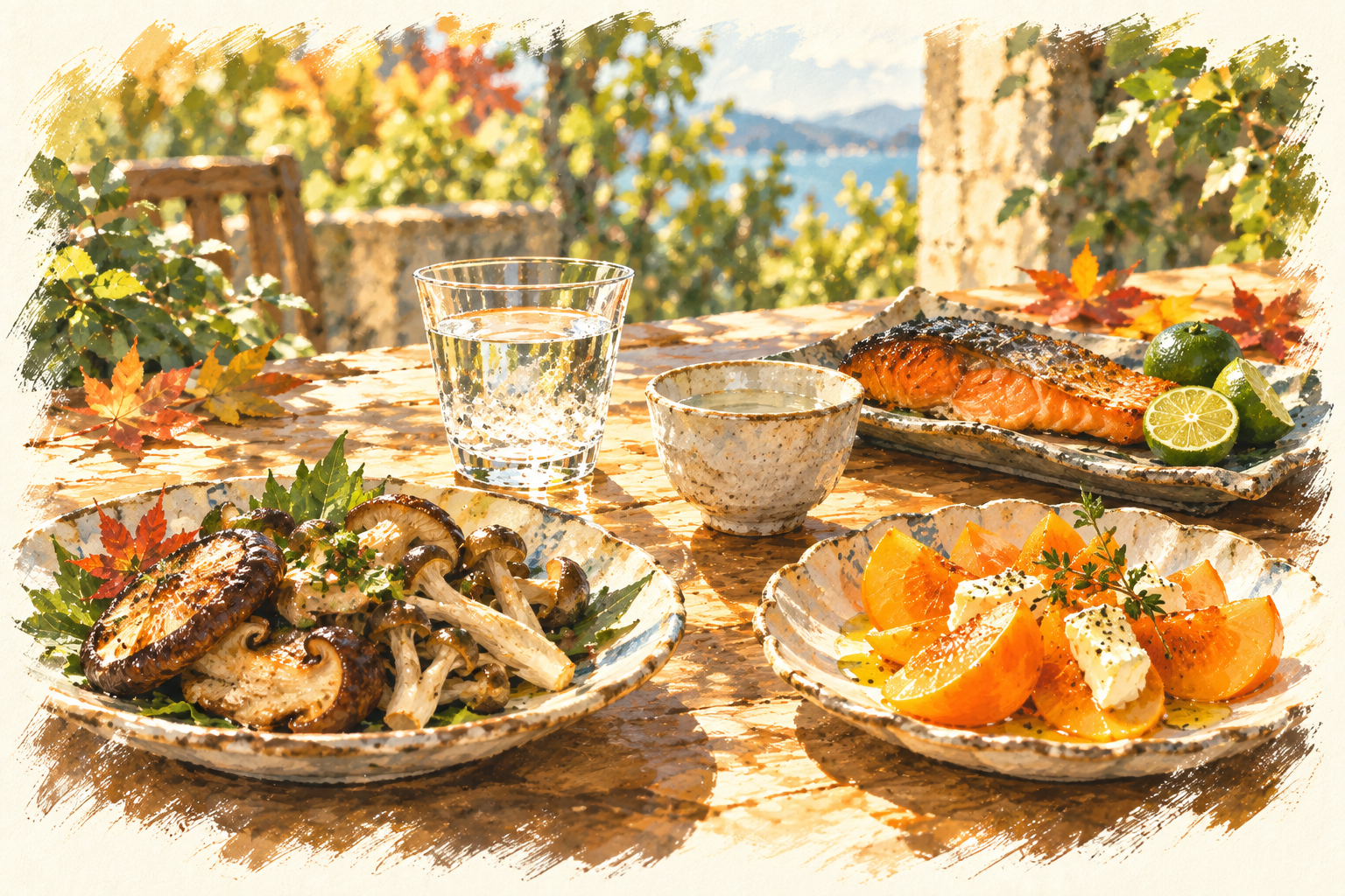 Autumn dishes with sake cups, illustration